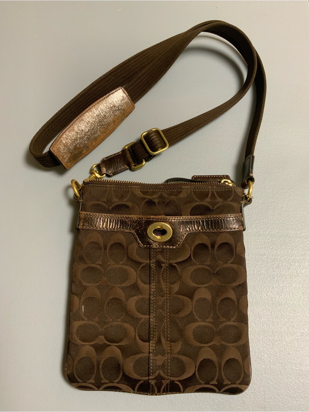 Coach Brown Signature Crossbody with Metallic Trim
